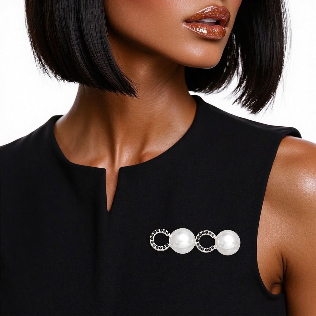 Brooch Iconic Silver Black Pave and Pearl Coco Pin