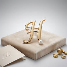 Load image into Gallery viewer, Gold Cursive H Initial Letter Pearl Brooch Pin
