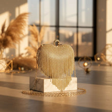 Load image into Gallery viewer, Clutch Gold Rhinestone Fringe Heart Hardcase Bag

