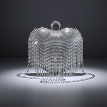 Load image into Gallery viewer, Clutch Silver Rhinestone Fringe Heart Hardcase Bag
