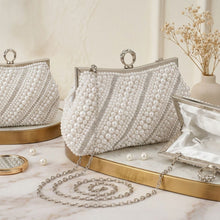 Load image into Gallery viewer, White Pearl Rhinestone Hand Sewn Evening Clutch
