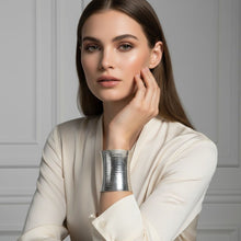 Load image into Gallery viewer, Long Cuff Silver Metal Stripe Embossed Bracelet
