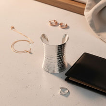 Load image into Gallery viewer, Long Cuff Silver Metal Stripe Embossed Bracelet
