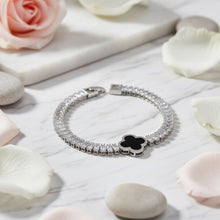 Load image into Gallery viewer, Tennis Silver CZ Baguette Black Quatrefoil Bracelet
