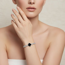 Load image into Gallery viewer, Tennis Silver CZ Baguette Black Quatrefoil Bracelet
