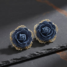 Load image into Gallery viewer, Stud Die Cut Gold and Blue Denim Rose Earrings
