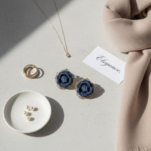 Load image into Gallery viewer, Stud Die Cut Gold and Blue Denim Rose Earrings
