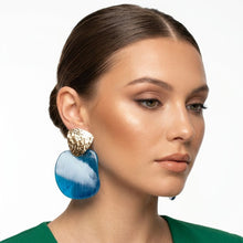 Load image into Gallery viewer, Hammered Gold &amp; Blue Resin Drop Earrings
