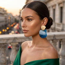 Load image into Gallery viewer, Hammered Gold &amp; Blue Resin Drop Earrings
