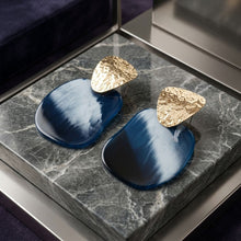 Load image into Gallery viewer, Hammered Gold &amp; Blue Resin Drop Earrings
