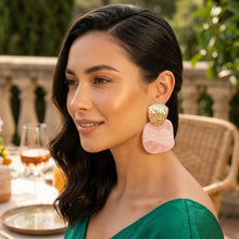 Load image into Gallery viewer, Hammered Gold &amp; Light Pink Resin Drop Earrings
