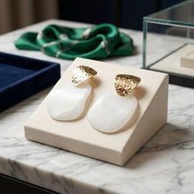 Load image into Gallery viewer, Hammered Gold &amp; White Resin Drop Earrings
