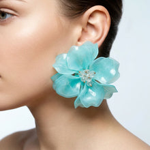 Load image into Gallery viewer, Oversized Aqua Acrylic Petal Flower Stud Earrings
