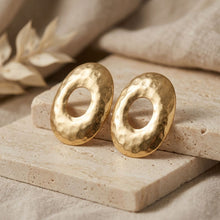 Load image into Gallery viewer, Stud Brushed Gold Hammered Domed Oval Earrings
