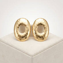 Load image into Gallery viewer, Stud Brushed Gold Hammered Domed Oval Earrings
