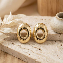 Load image into Gallery viewer, Stud Brushed Gold Hammered Domed Oval Earrings
