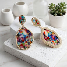 Load image into Gallery viewer, Colorful Confetti Organic Teardrop Gold Earrings
