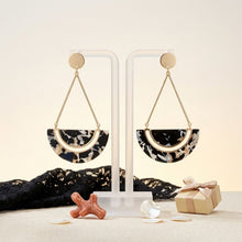 Load image into Gallery viewer, Black Marbled Half Moon Gold Drop Earrings
