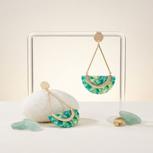 Load image into Gallery viewer, Green Marbled Half Moon Gold Drop Earrings
