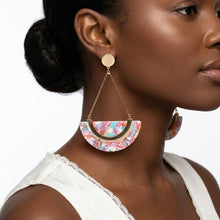 Load image into Gallery viewer, Pink Marbled Half Moon Gold Drop Earrings
