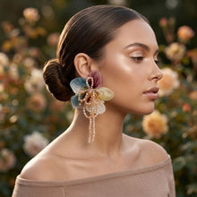 Load image into Gallery viewer, Organza Earthy Flower &amp; Bead Tassel Drop Earrings
