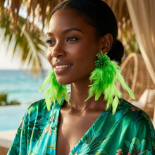 Load image into Gallery viewer, Green Beaded Cluster Long Feather Drop Earrings
