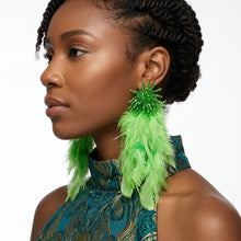 Load image into Gallery viewer, Green Beaded Cluster Long Feather Drop Earrings
