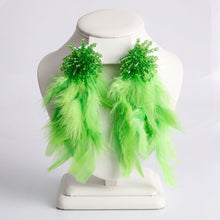 Load image into Gallery viewer, Green Beaded Cluster Long Feather Drop Earrings
