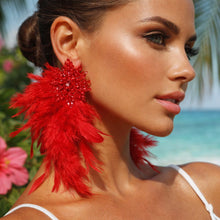 Load image into Gallery viewer, Red Beaded Cluster Long Feather Drop Earrings
