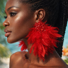 Load image into Gallery viewer, Red Beaded Cluster Long Feather Drop Earrings
