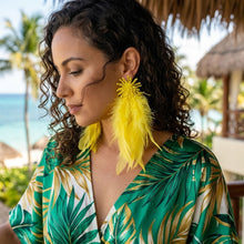 Load image into Gallery viewer, Yellow Beaded Cluster Long Feather Drop Earrings
