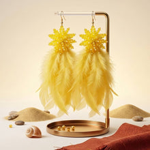Load image into Gallery viewer, Yellow Beaded Cluster Long Feather Drop Earrings
