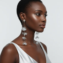 Load image into Gallery viewer, Long Dangle Silver Die Cut Metal Flower Earrings
