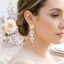 Load image into Gallery viewer, Dangle Gold Floral Cream Pearl Cascade Earrings
