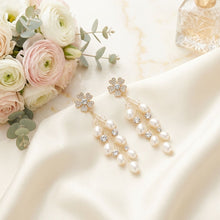 Load image into Gallery viewer, Dangle Gold Floral Cream Pearl Cascade Earrings
