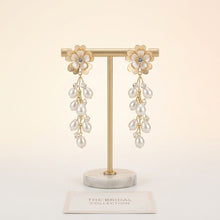 Load image into Gallery viewer, Dangle Gold Floral Cream Pearl Cascade Earrings
