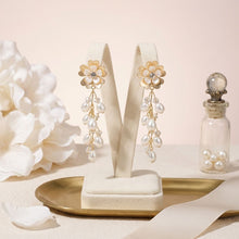 Load image into Gallery viewer, Dangle Gold Floral Cream Pearl Cascade Earrings
