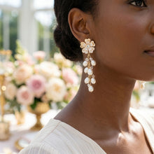 Load image into Gallery viewer, Dangle Gold Floral Cream Pearl Cascade Earrings
