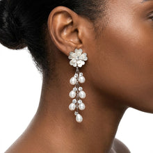 Load image into Gallery viewer, Dangle Silver Floral White Pearl Cascade Earrings
