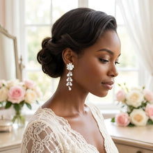 Load image into Gallery viewer, Dangle Silver Floral White Pearl Cascade Earrings
