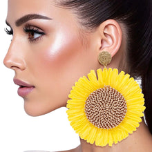Load image into Gallery viewer, Drop XL Playful Yellow Raffia Sunflower Earrings

