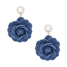 Load image into Gallery viewer, Drop Denim Dimensional Flower Pearl Earrings
