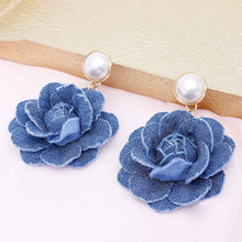 Load image into Gallery viewer, Drop Denim Dimensional Flower Pearl Earrings
