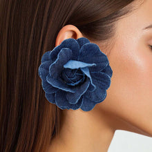 Load image into Gallery viewer, Stud Dark Blue Denim Large 3D Flower Earrings
