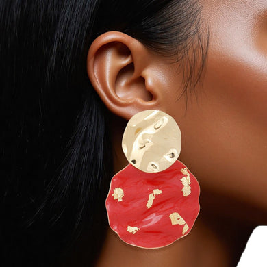 Drop Wavy Gold Red Painted Disc Design Earrings