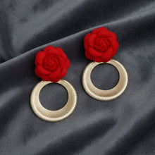 Load image into Gallery viewer, Drop Red Rose Felt Petal and Ribbed Ring Earrings
