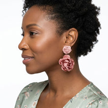 Load image into Gallery viewer, Drop Dusty Pink Double Rose Flower Felt Earrings
