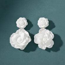 Load image into Gallery viewer, Drop White Double Rose Flower Felt Petal Earrings

