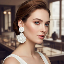 Load image into Gallery viewer, Drop White Double Rose Flower Felt Petal Earrings
