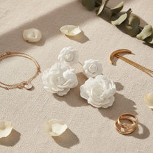 Load image into Gallery viewer, Drop White Double Rose Flower Felt Petal Earrings
